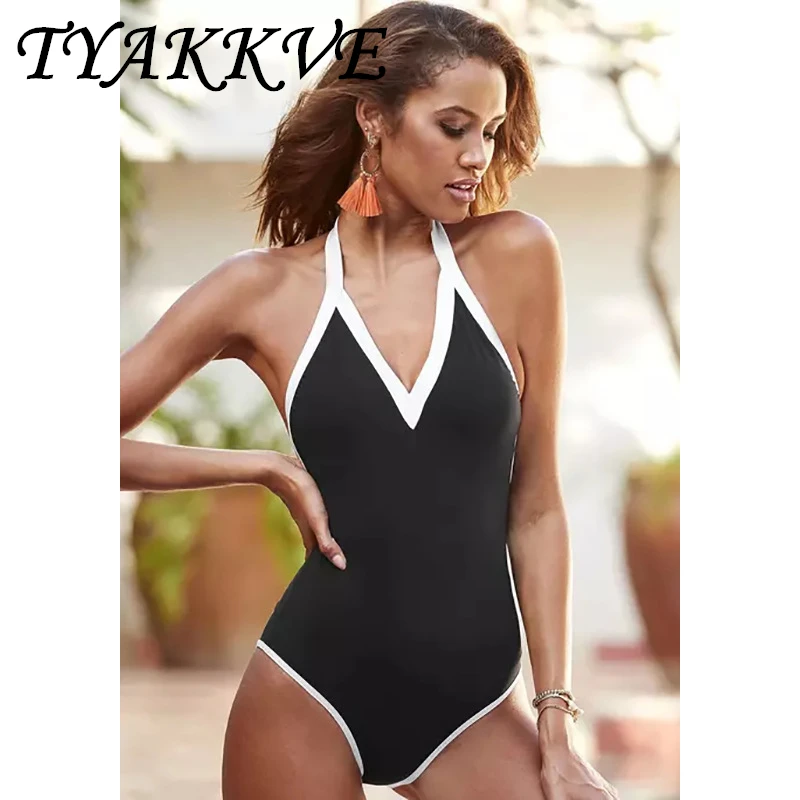 

2024 Sexy One-piece Women's Swimsuit Solid Color Black And White Splicing Bikini New Female Bathing Suit Beach Backless Swimwear