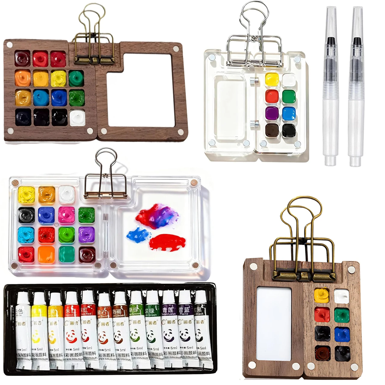 Set di 12 Colori Acquerelli con Palette Portatile a 15/8 Scomparti, Vassoio per Miscelazione con Clip e Pennelli
