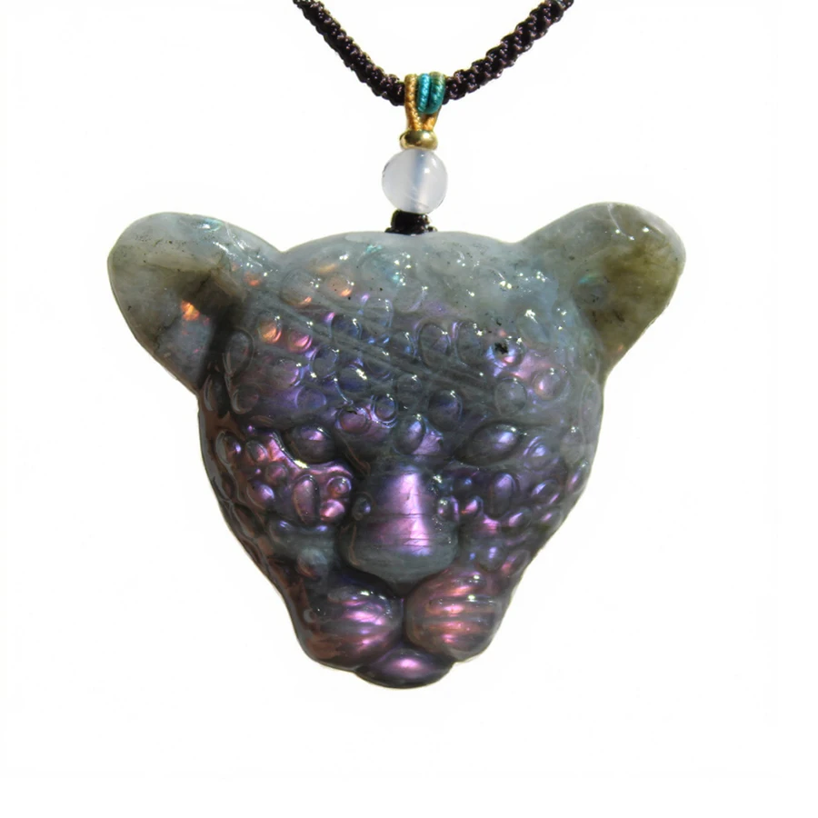 Unit One Piece Natural Pink Purple Flash Labradorite Gemstone Crystal Leopard Carving Necklace Pendant For Gift