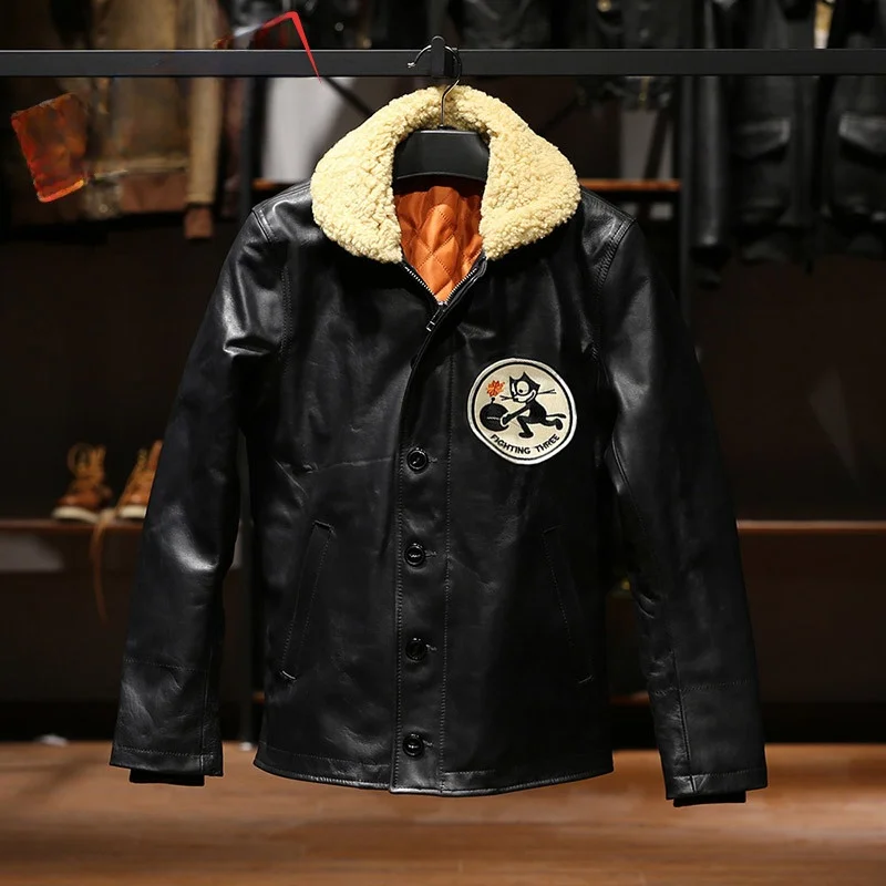 Authentic N1 Deck Jacket Men's Top Layer Cowhide Leather Fur Integrated Wool Collar Genuine Leather Jacket Men's Outerwear