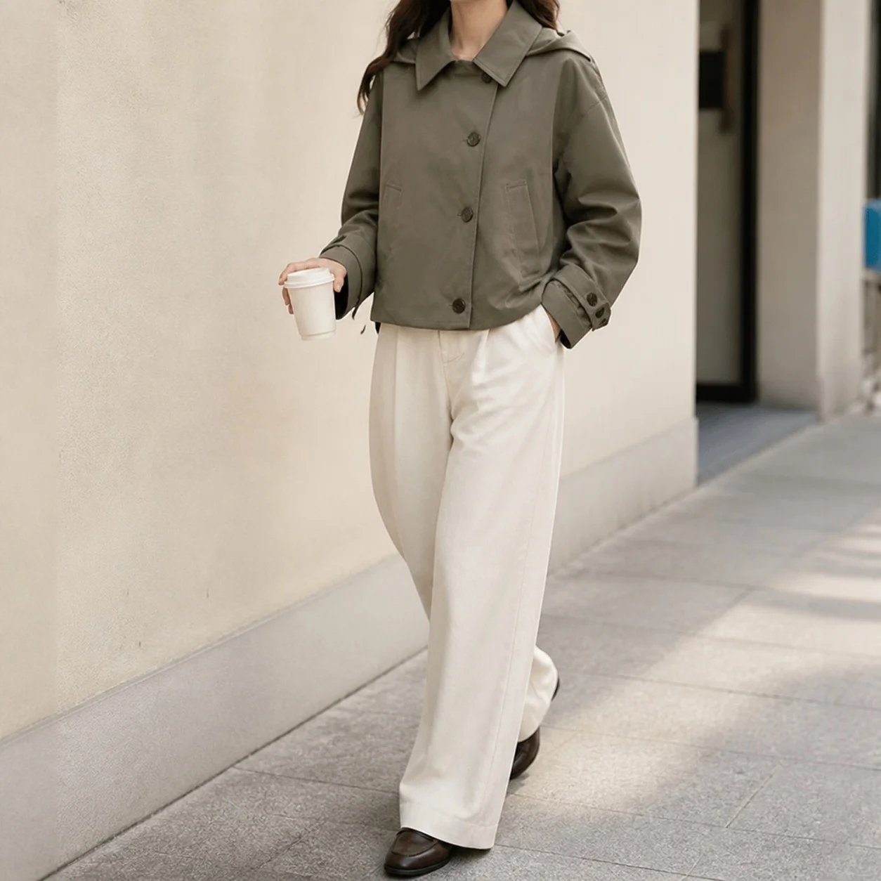Women's Demi-Season Medium Weight Western Style Oversized Jacket with Notched Collar Raglan Sleeve and Button Detail Female
