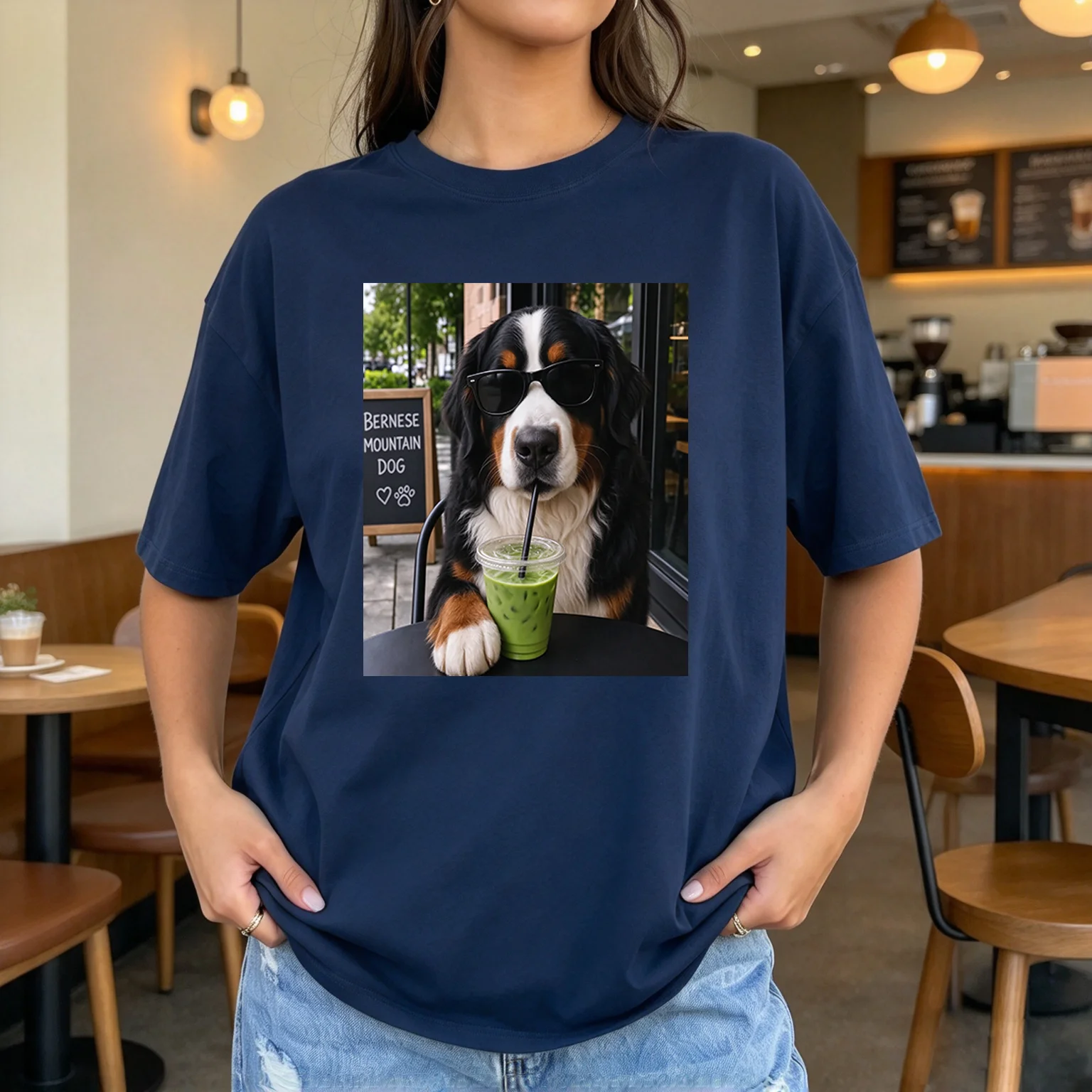 Funny Bernese Mountain Dog Cafe Scene Print T‑Shirt Women Cool Dog Drinking Beverage Graphic Loose Casual Daily Short Sleeve Top