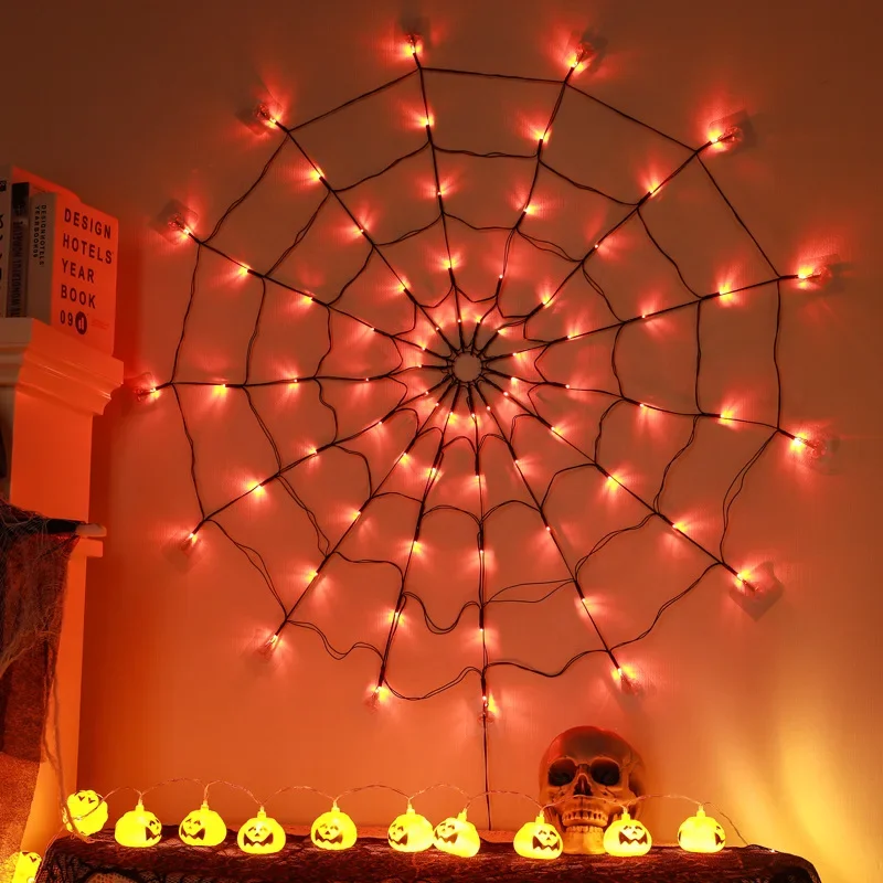 100cm halloween aranha web luzes usb 8 modos decoração assustadora guirlanda luzes de rede de parede aranha web decoração da parede luz ambiente