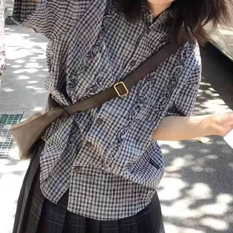

Retro New Style Ruffled Checked Short Sleeve Shirt, Casual Design Shirt, Loose Check Top.