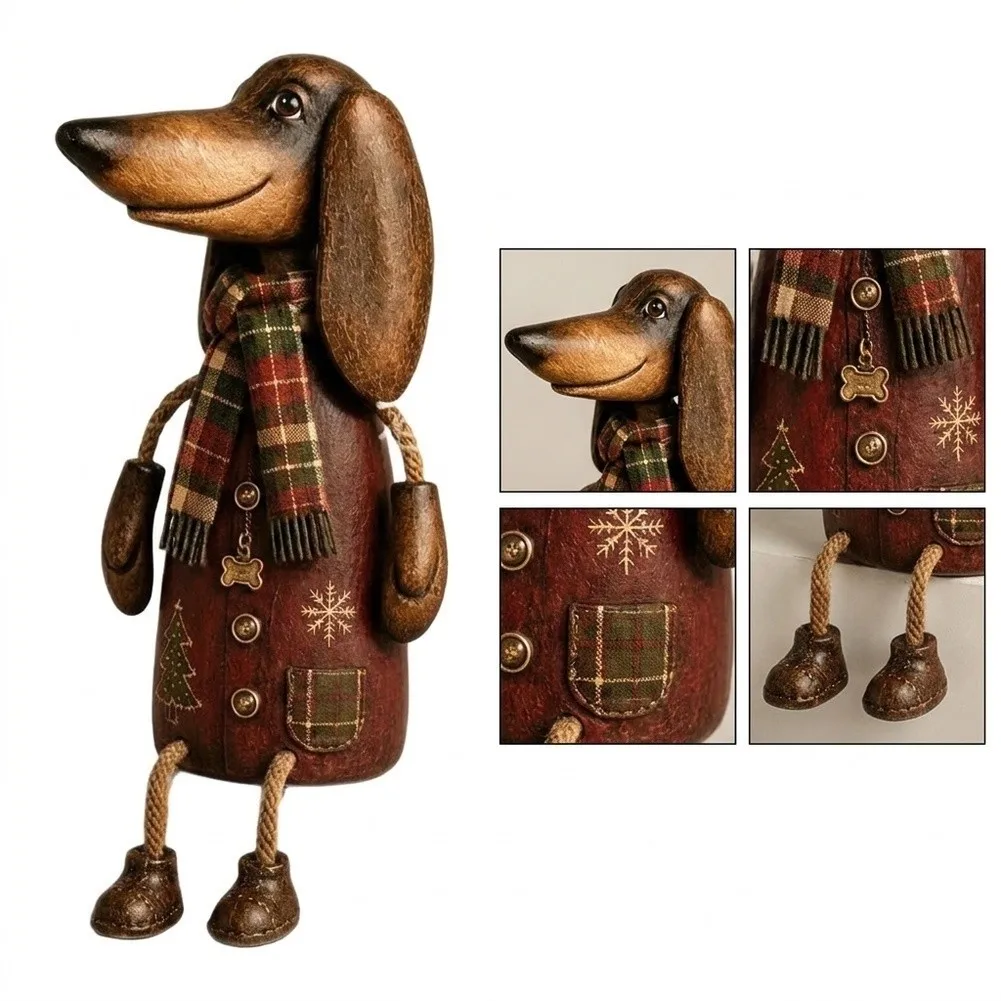 Vintage Christmas Dachshund Shelf Sitter 12cm Brown Resin Figurine Festive Holiday Home Decor Ornament For Mantel Table Display