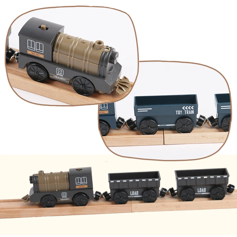 Electric/Magnetic Attraction Retro Plastic Freight Three Section Track Small Train Toy+Wooden Animal Set,Children's Toy Gift,