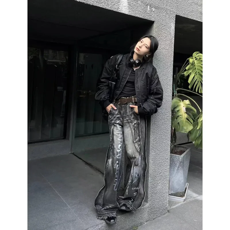 여성용 블랙 고딕 청바지 하라주쿠 Y2K 90년대 감성 배기 데님 바지 한국 펑크 진 팬츠 빈티지 2000년대 트래시 의류