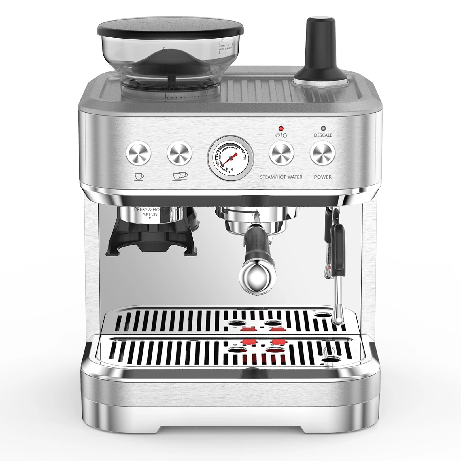 15 Bar Koffiemachine met geïntegreerde molen/melkopschuimer/2,5L watertank, roestvrijstalen barista-apparaat voor thuis en kantoor