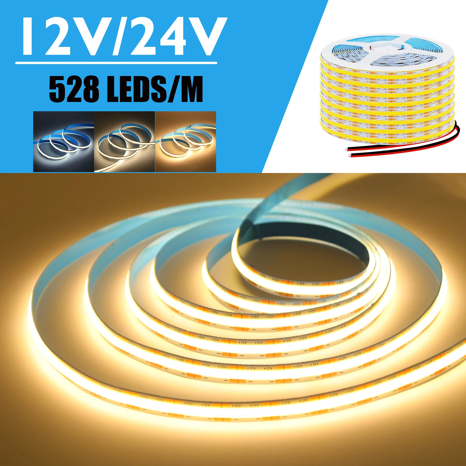 

528Leds/M DC 12V 24V COB Strip White 3000K 4000K 6000K IP20 High Brighter Home Decor Flexible Ribbon Rope LED Light 0.5M 5M 10M