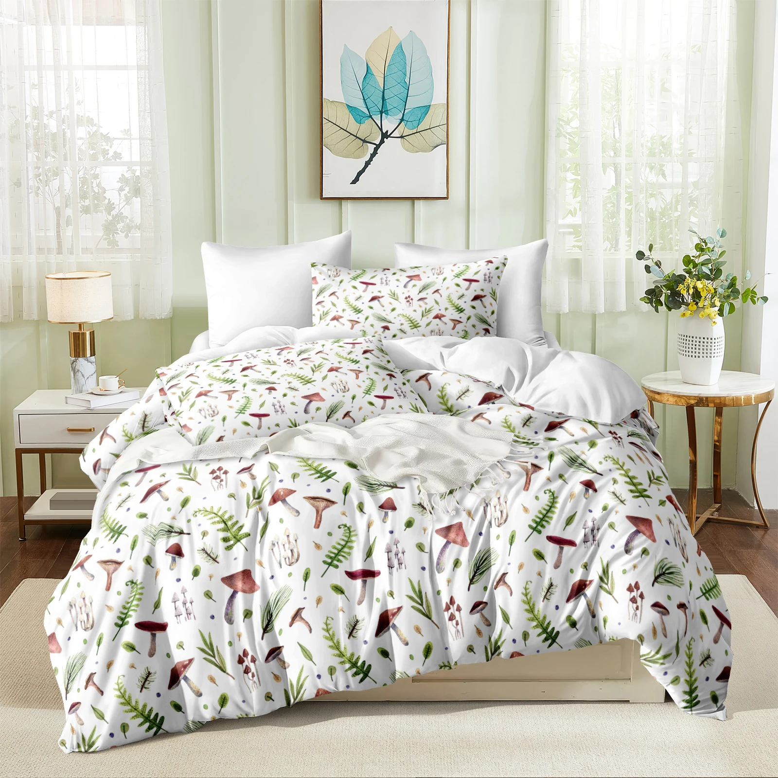 Red Mushroom Bedding Set Green Leaves Bedclothes Fresh Branch Food Graffiti Printed Rustic Chic Bedding Set Easy Care