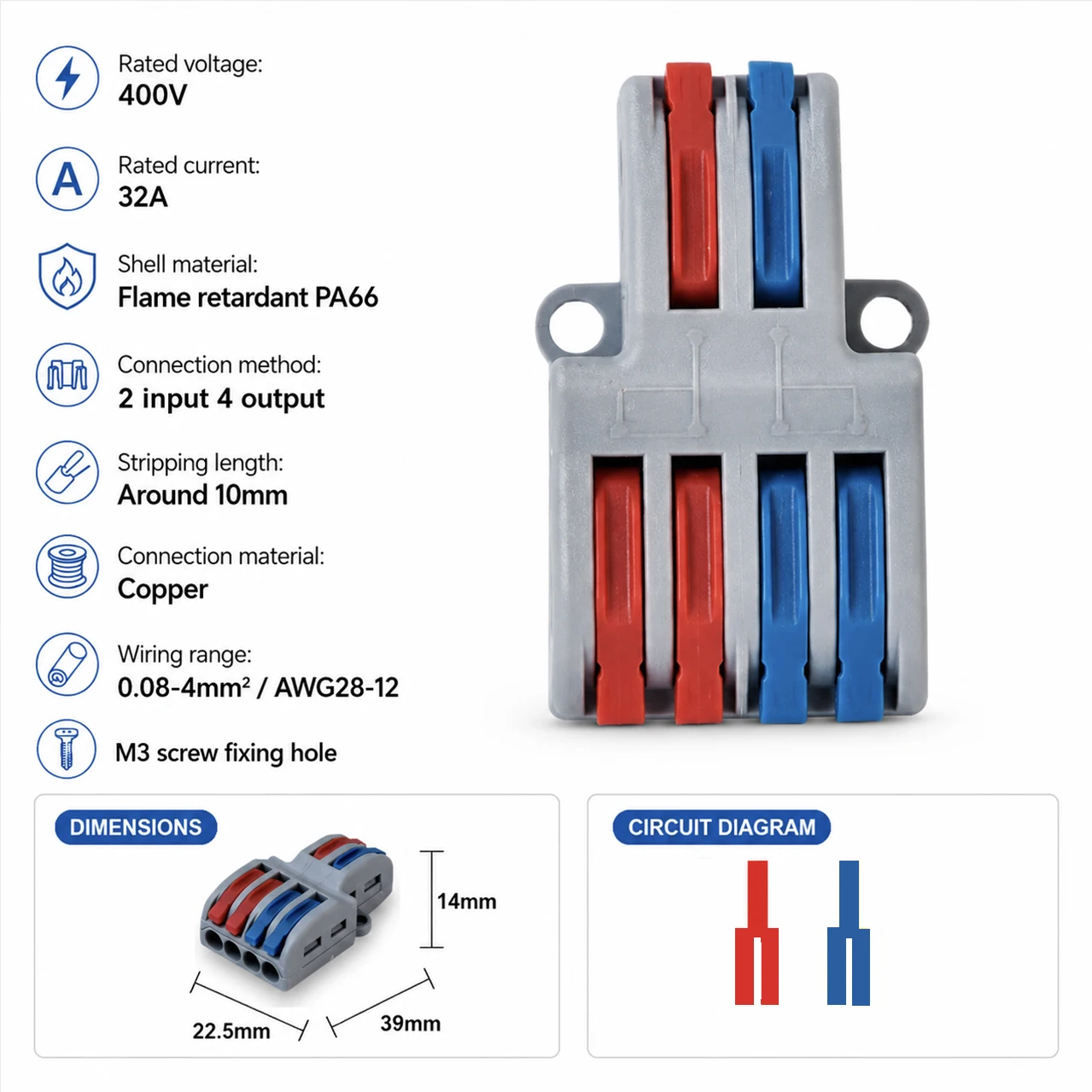 Electrical Cable Connector 2 In 4/6/8 Out Lever Wire Connector Quick Splice Electrical Wire Terminal 32A 400V 28-12AWG 0.08-4mm2