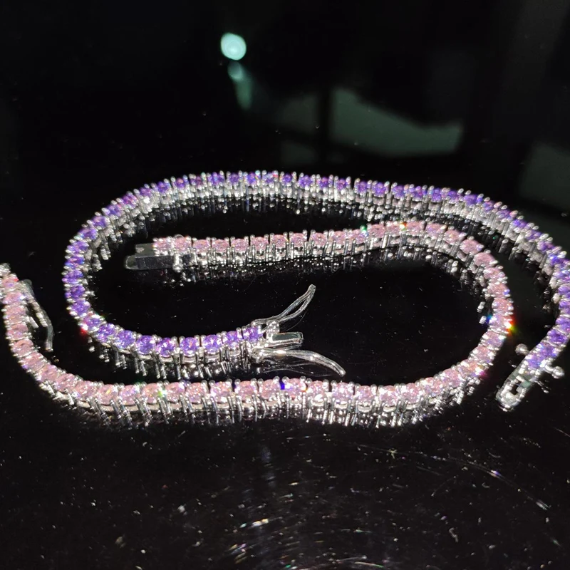 

Розовый/фиолетовый циркон HIP Hop Bling Iced Out 1 ряд CZ Stone теннисные звенья браслеты-цепочки для мужчин и женщин унисекс рэпер ювелирные изделия подарок