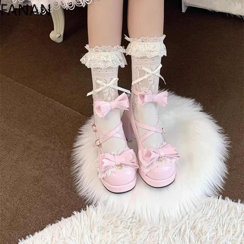 2025 جديد لوليتا أحذية عالية الكعب الدانتيل اللؤلؤ الكراهية السماء منصة الكعوب مضخات الأصلي الحلو مقاوم للماء أحذية نسائية فستان الحفلات #5