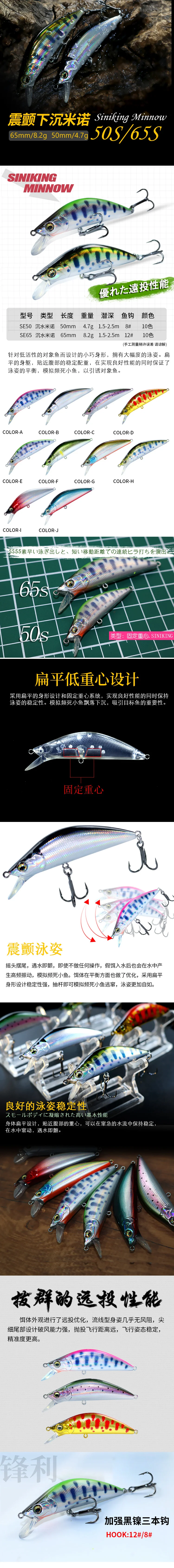 AOCLU-Hart sinkender Minnow-Köder zum Angeln im Süßwasser-Inshore-Boot, Langstreckenköder, leicht gegossen, 50 mm, 4,7 g, 65 mm, 8,2 g – Detail 2