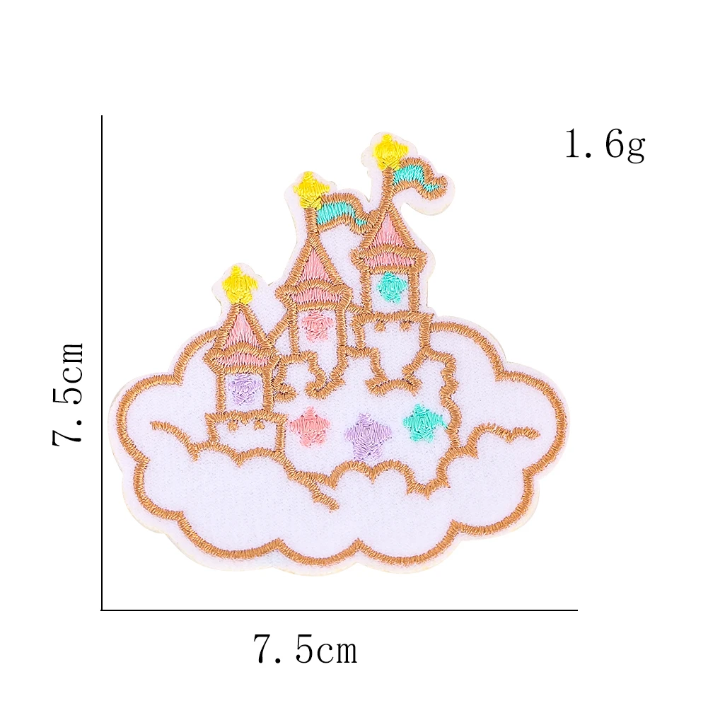 Cartoon-Wolkenschloss-Stickerei-Aufnäher, bunter Stern-Feenschloss-Applikation für Hut, Jacke, DIY-Kinderkleidung, Dekorations- und Bastelzubehör – Detail 2