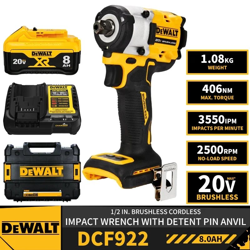 DEWALT DCF922 Kit 1/2in Brushless Cordless Impact Wrench With Detent Pin Anvil 20V Lithium Tools  406NM With Battery Charger