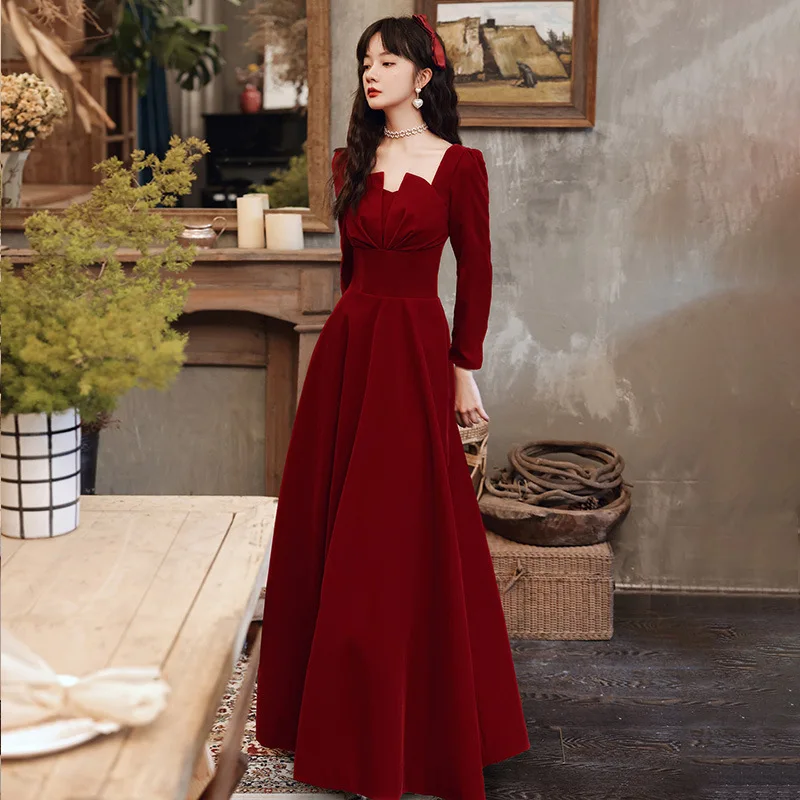 2024 Elegant Long sleeved Office Dress Wine Red Autumn Square Collar A-line Long Skirt Formal Party Wedding Bridesmaid Ball Dres