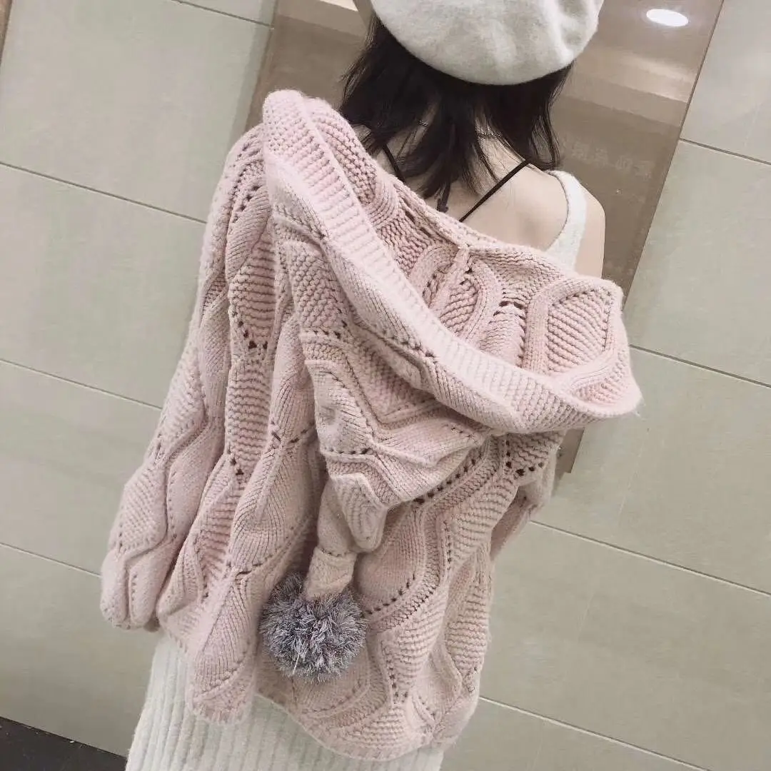 Autumn Winter Women Loose Knitted Cardigan Thin Hair Jacket Fashion Korean Sweater Female 2024 Ball Hat Wild Knit Coats Pink