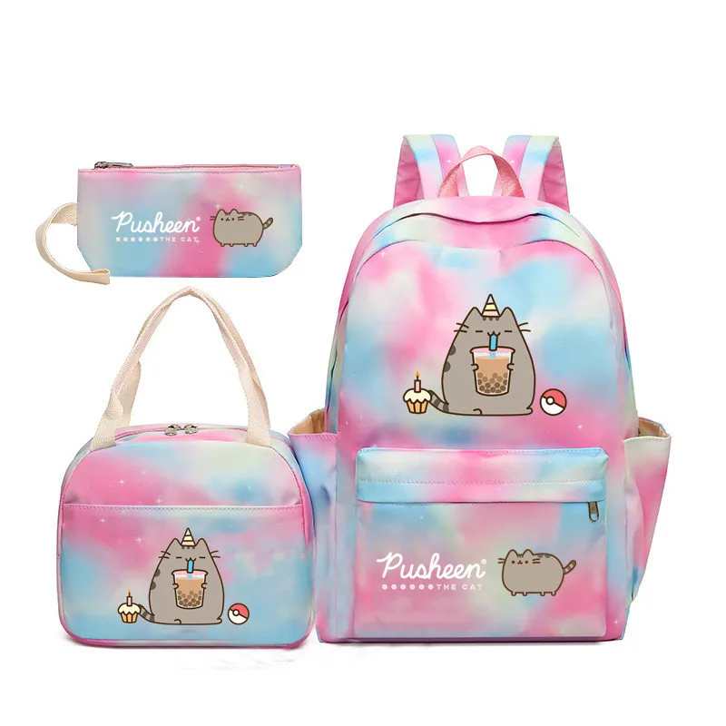 New Model Pusheen The Cat Gradient Rainbow Backpack Girl Heart Ins Primary and Secondary School Students Three Piece Backpack