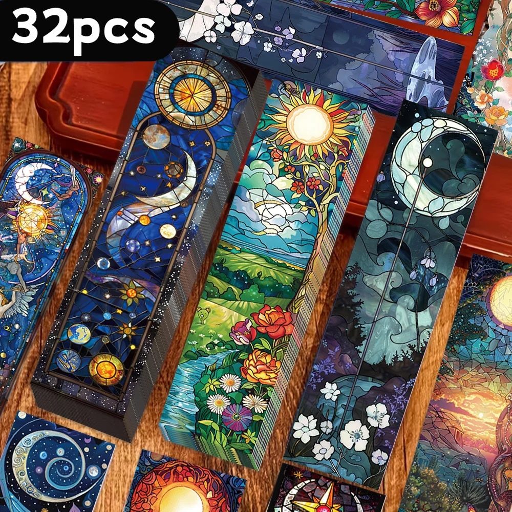 32pcs, Painted Glass Wind Theme Bookmarks, Christmas, Teacher Gift, Back-To-School Holiday Gifts, Creative Artistic Designs