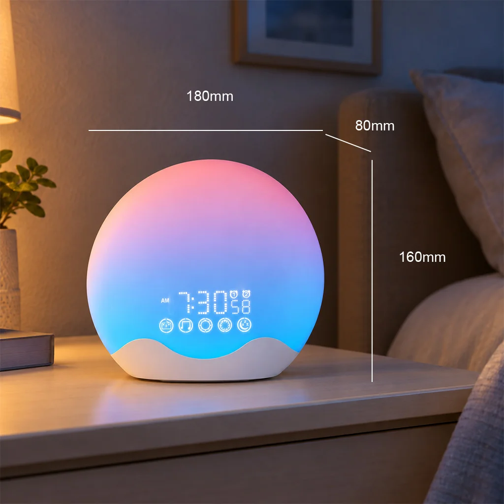 Dual-Side Shell Sunrise Alarm Lamp 12 Color Modes Touch Panel 9 Minute Snooze Dimmable Display Sunset Simulation for Bedroom