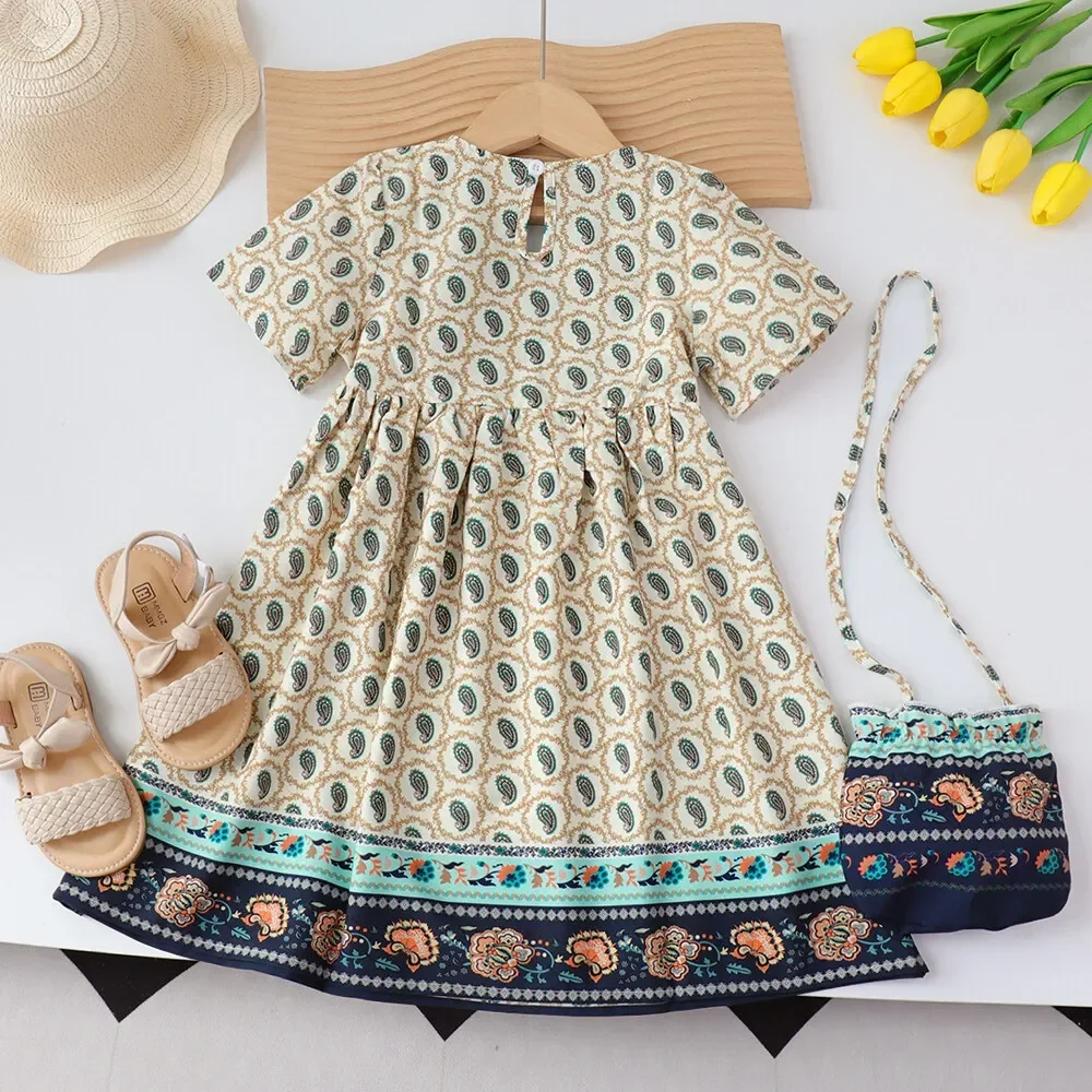 Kids Clothes Ethnic Style Flower Color Blocked Dress Retro Printed Short Sleeved Pleated Dresses Summer Girls' Clothing+Bag