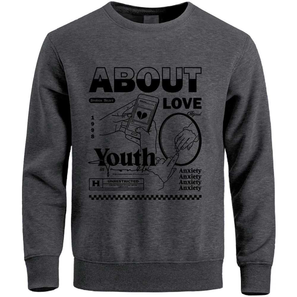 About Love Broken Heart Youth Anxiety Printing Men Sweatshirt Harajuku Casual Hoody Fashion Fit Hoodie Autumn Fleece Male Tops