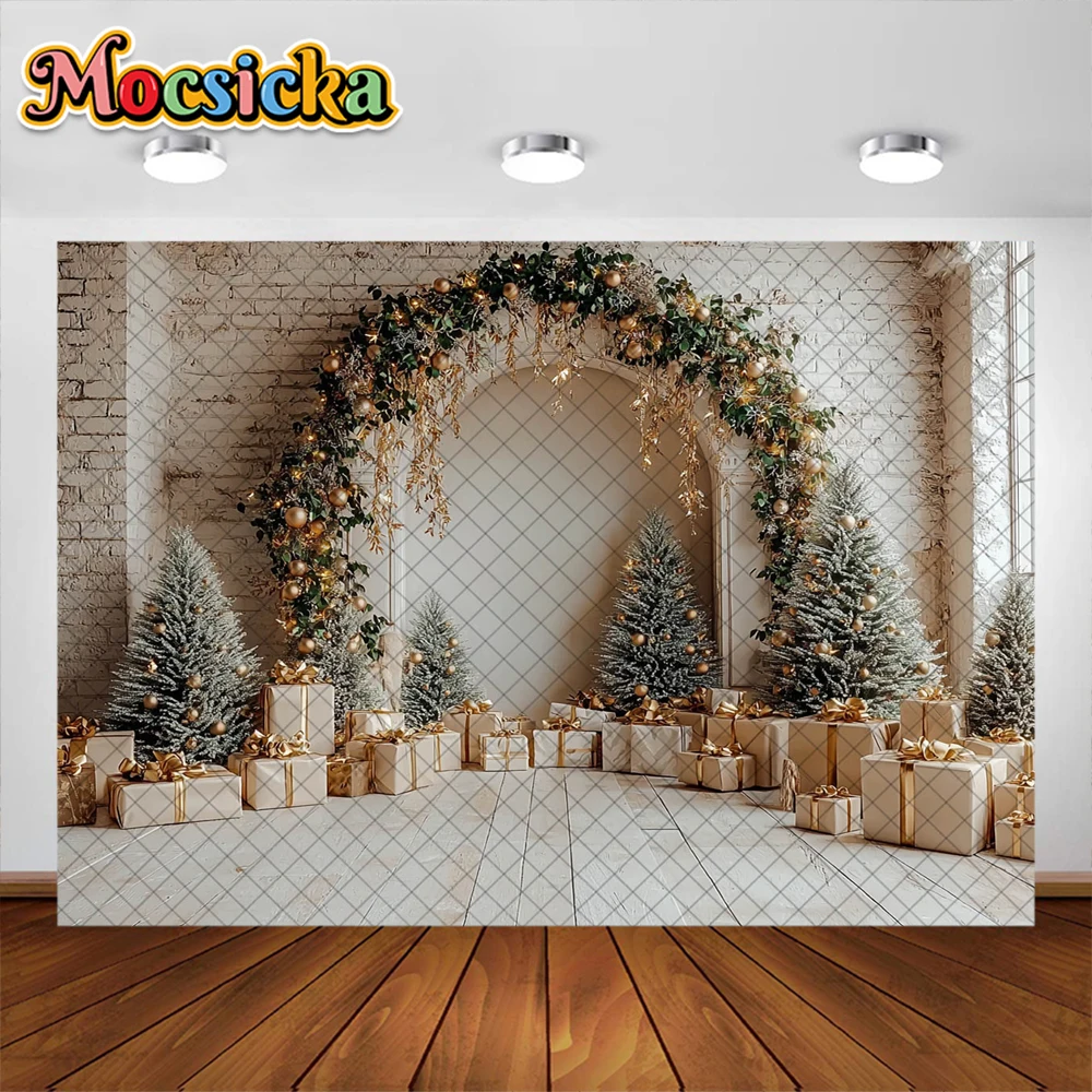 Christmas Photography Background Arched Garland Golden Xmas Gift Decoration Boy Girl Portrait Photo Backdrops Studio Props