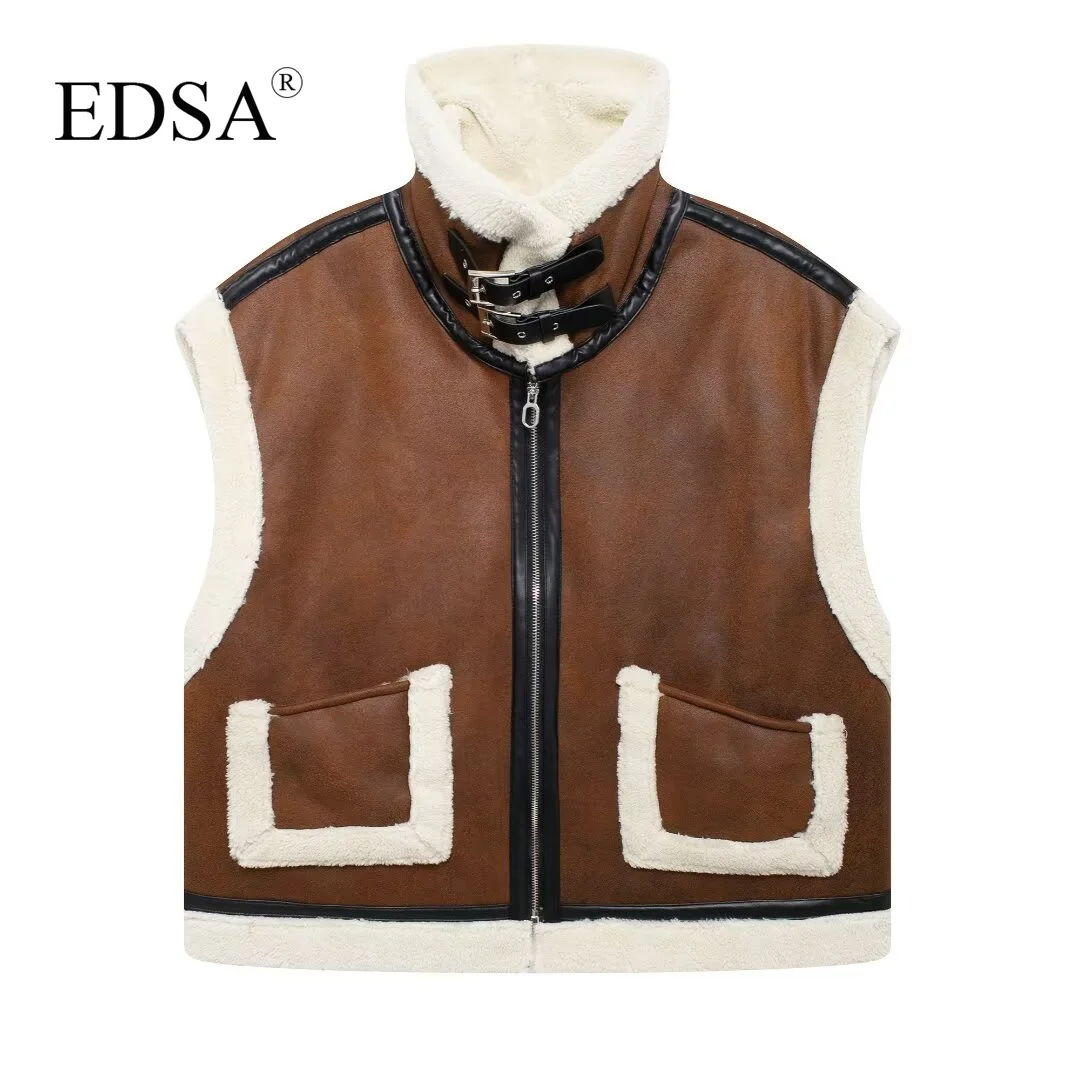 EDSA Women Lamb Wool Collar Cropped Waistcoat Autumn Winter Faux Leather Vests Sleeveless Jacket Streetwear New Outerwear