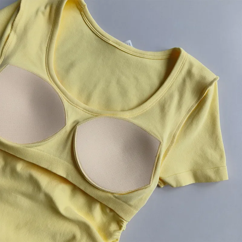 Yoga Clothes with Chest Pads for Women Pilates Running Sports Tops Short-sleeved Tight-fitting Slimming Summer Fitness T-shirts
