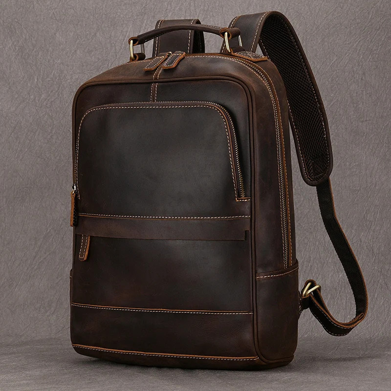 

Men Crazy Horse Leather Backpack Dark Brown 15 Inch Genuine Leather Rucksack Male Large Capacity Travel Bag Retro School Pack