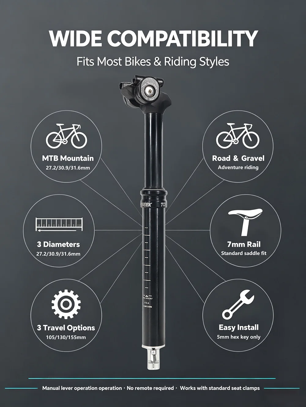 TOSEEK Fahrrad-Sattelstütze 27,2/30,9/31,6mm 105/130/155mm Federweg, interne Kabelführung, Fernbedienung, Hebe-MTB-Sattelstütze – Detail 7