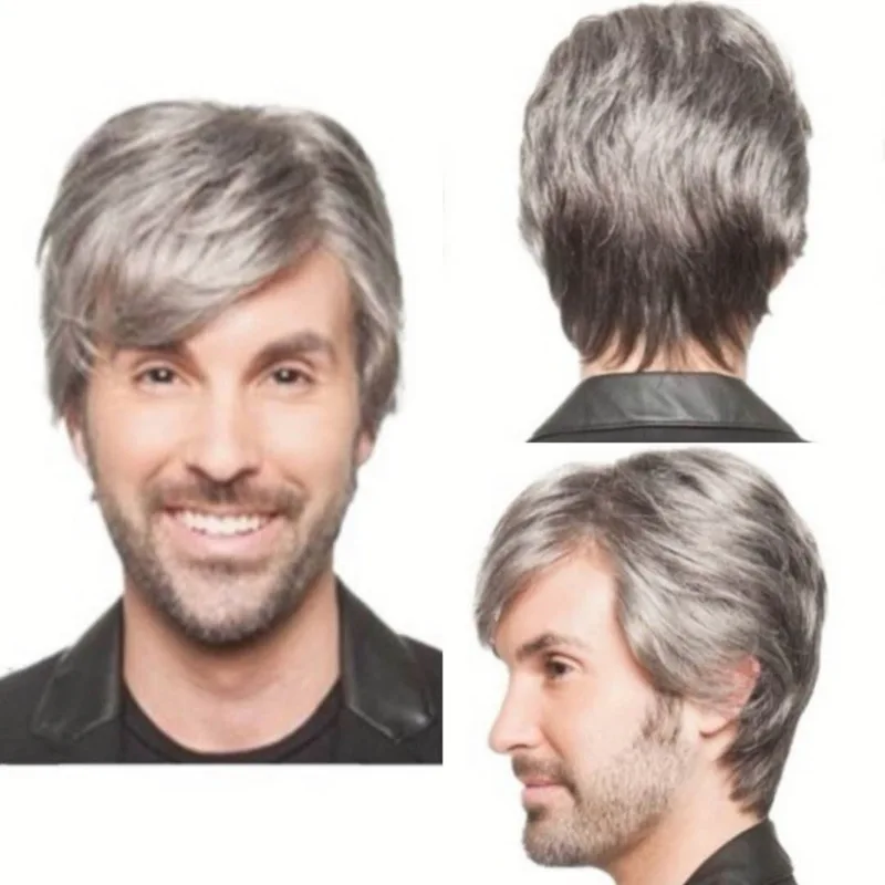 

Natural-looking Grey synthetic wigs heat resistant fiber synthetic wigs for men Easy to style male wig for party