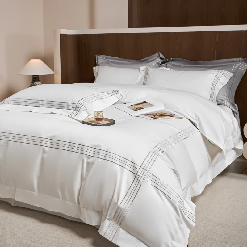 60S Long Staple Cotton Luxury Hotel Style Bedding Set Multi‑Line Wide Border Embroidery Duvet Cover Bed Sheet Pillowcases 4Pcs