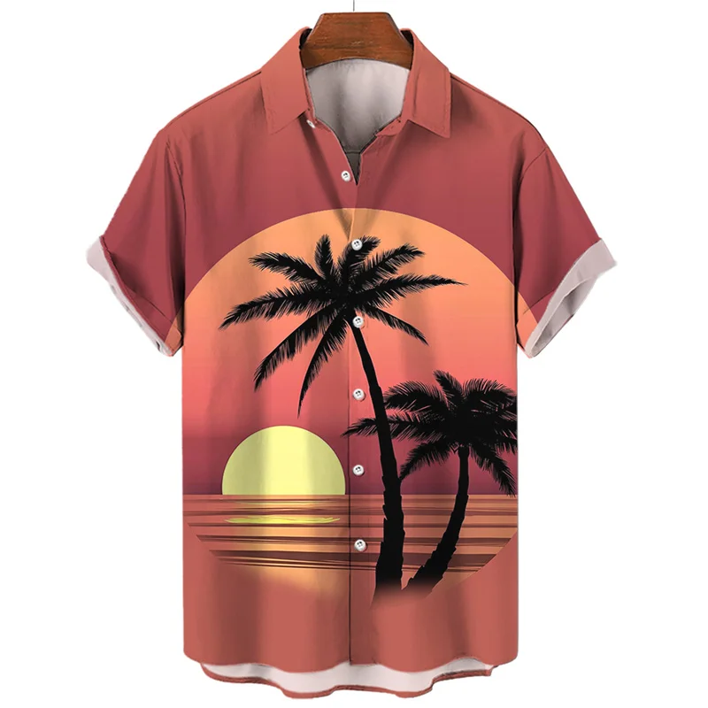 Men\'s Summer Sunset Floral Hawaiian Short Sleeve Shirt Casual Social Original Beach Vacation Goth Harajuku Luxury Y2k Clothing