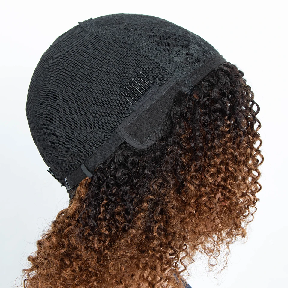 Slanke Afro Kinky Krullend Menselijk Haar Pruiken Menselijk Haar Pruik Met Pony Ombre Highlight Gekleurde Peruviaanse Jerry Curly Bob Pruik Voor Vrouwen