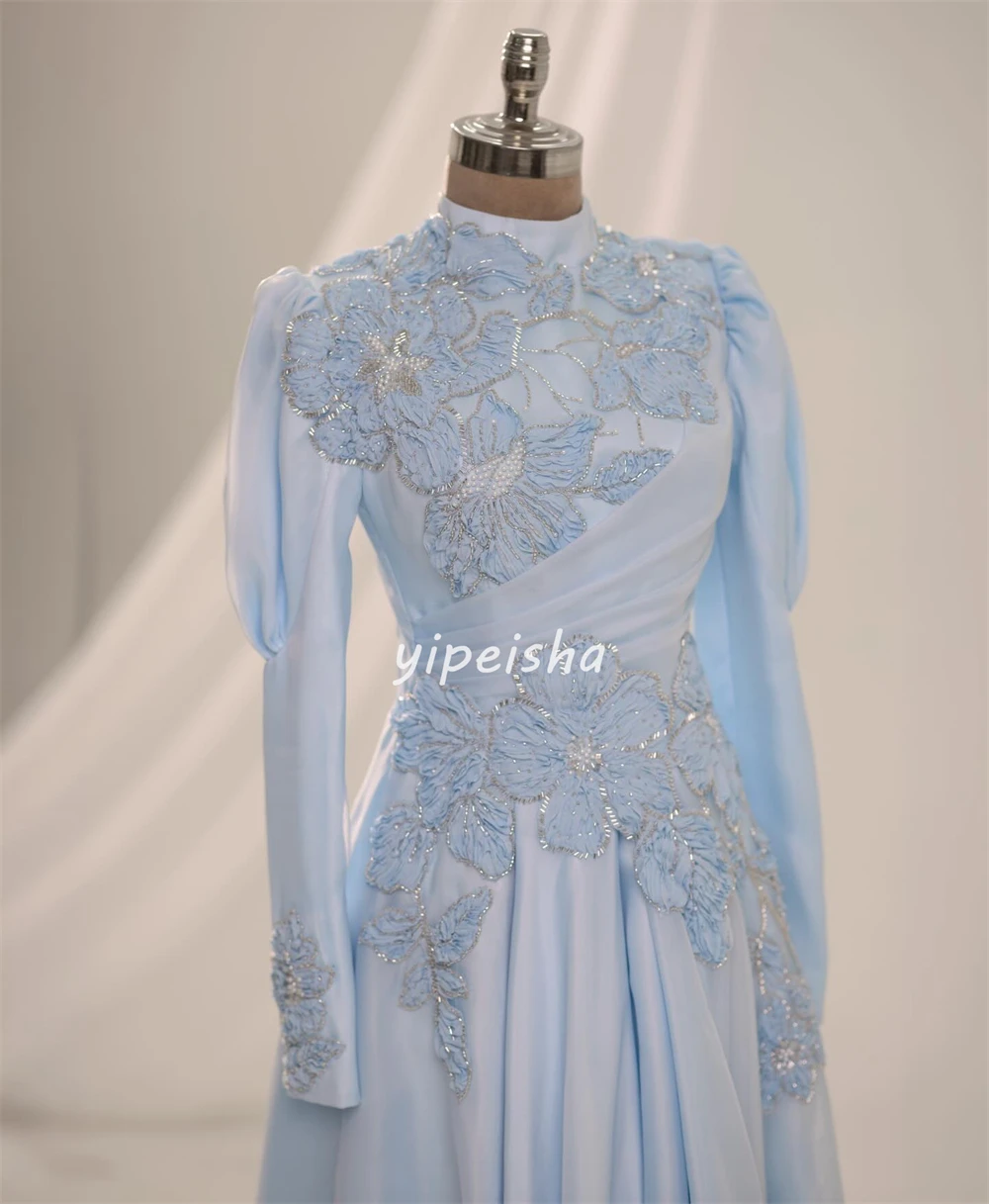 Customized Formal Women Jersey Handmade Flower Rhinestone A-Line Evening Dresses Elegant High Collar Long Sleeves Prom Dresses image 2
