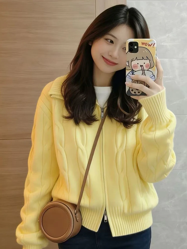 Sweet Yellow Cardigan Women Loose Preppy Style Sweet Knitted Sweaters Fall Winter Fashion Zipper Lazy Wind Long Sleeve Cute Coat