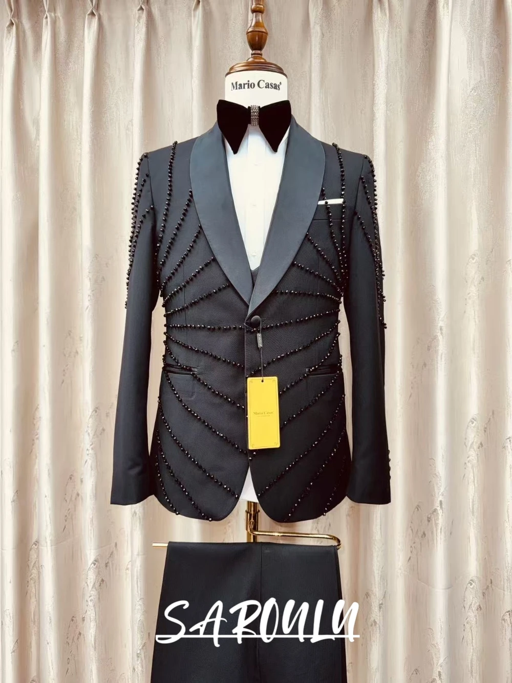 Sophisticated Black Men's 3 Piece Suit Elegant Delicate Beaded Tuxedo Shawl Lapel One Button Banquet Evening Event Groom Wear