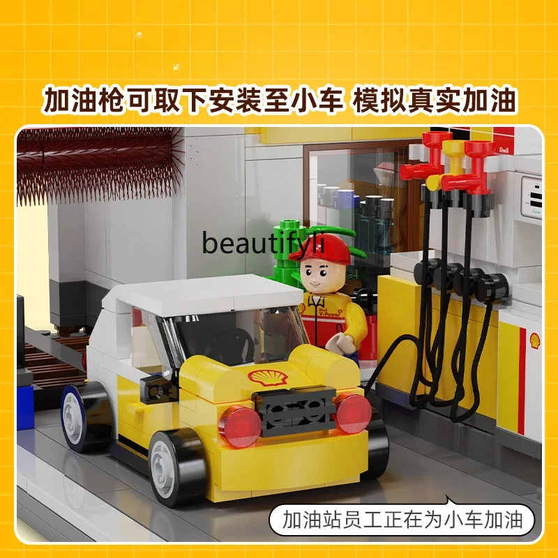 Building block street view city gas station large building house small particles