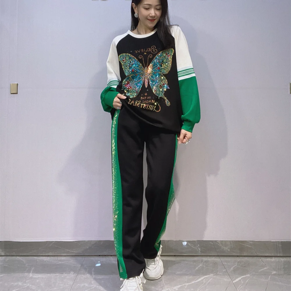 Two Piece Sets Womens Outifits Autumn Clothes Fashion Butterfly Diamonds Patchwork Tracksuit Casual Loose Side Stripe Pant Suits