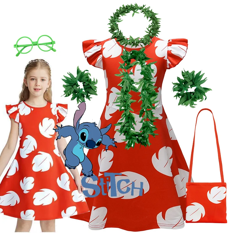 Little Girls Disney Lilo&Stitch Costume Dress for Kids Hawaii Cosplay Summer White Maple Leaves Print Red Frock Casual Dresses
