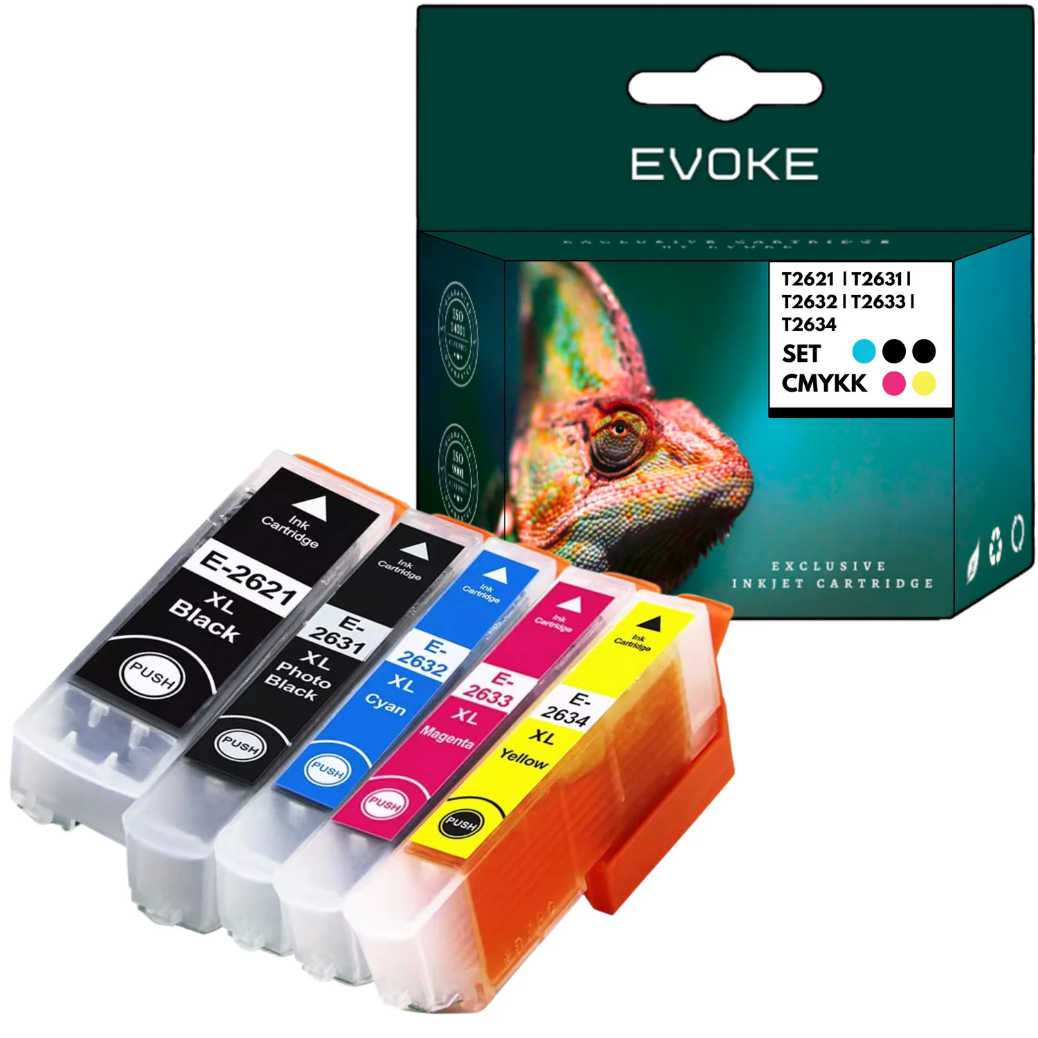 Evoke Compatibele Inkt voor Epson T2621 T2631 T2632 T2633 T2634 26XL 5X: Zwart Foto, Zwart, Cyaan, Magenta, Geel 48 ml Expression Premium Xp-510 520 600 605 610 615 620 625 700 710 720 800 810 820
