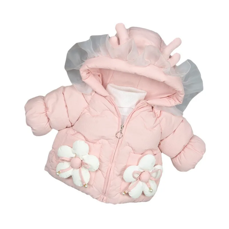 New cute cartoon cotton coat for baby girls, winter children\'s clothing, thick hooded jacket for children aged 1-4