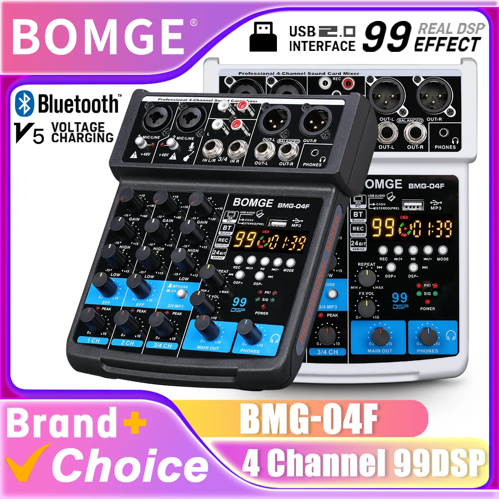BOMGE 04F المحمولة 4 قناة 99 DSP DJ تسجيل الصوت جهاز مزج الصوت واجهة خلط وحدة التحكم كاريوكي مع MP3 USB 48 فولت بلوتوث