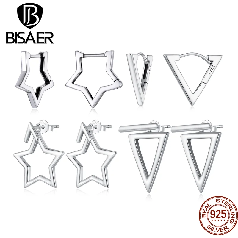 BISAER 925 Sterling Silver Star Hoop Earrings Small Triangle Stud Earring Hypoallergenic For Exquisite Woman Party Fine Jewelry