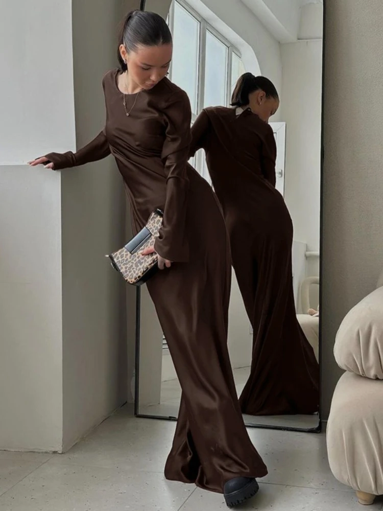 Fdyoui elegante o pescoço manga longa rendas marrom festa vestido de noite feminino túnicas de cintura alta bandagem magro cetim vestidos longos