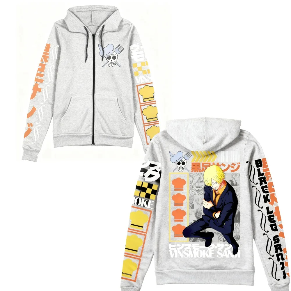 Sudadera con capucha con cremallera de una pieza Sanji Vinsmoke negro pierna Chef B E LACKER HEGY estampado algodón suelto ajuste transpirable hombres mujeres otoño entrenamiento ​