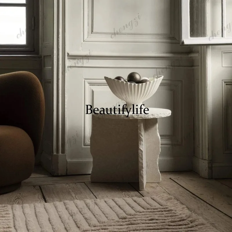 A114 wabi-sabi wind hand-broken natural travertine corner few living room sofa side round table