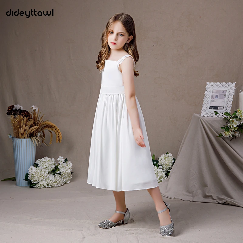 Dideyttawl branco chiffon meninas primeiro comunhão vestido 2022 simples criança festa de aniversário chá-comprimento sem mangas júnior vestido de dama de honra